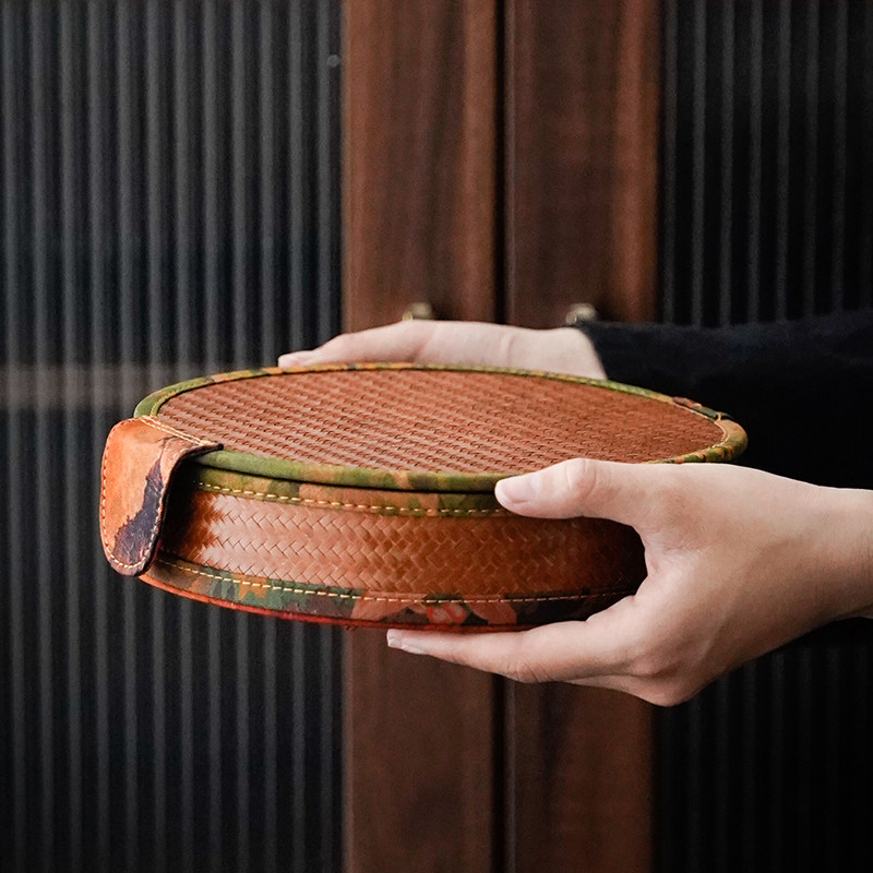 茶饼收纳盒密封储存茶叶罐香云纱竹编普洱茶盒高端茶叶茶饼礼品盒