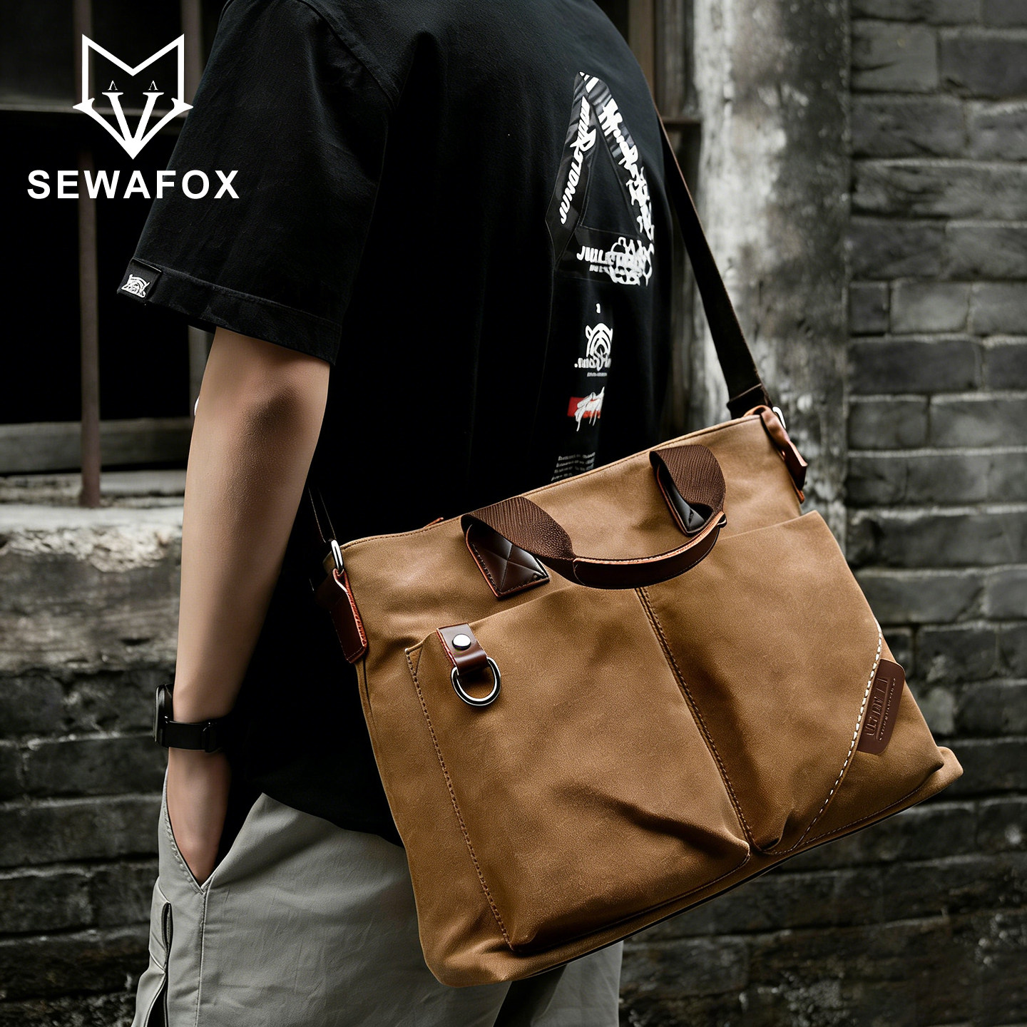 大容量帆布包斜挎包男款通勤百搭手提包户外单肩包学生休闲背包男