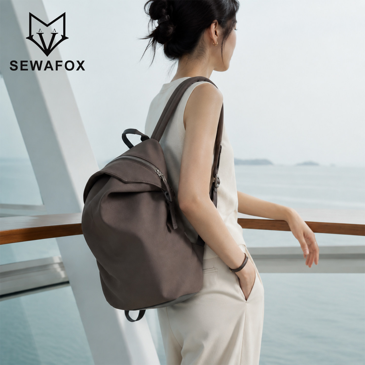 SEWAFOX袁泉同款轻便双肩包女大容量书包通勤空气包简约电脑背包