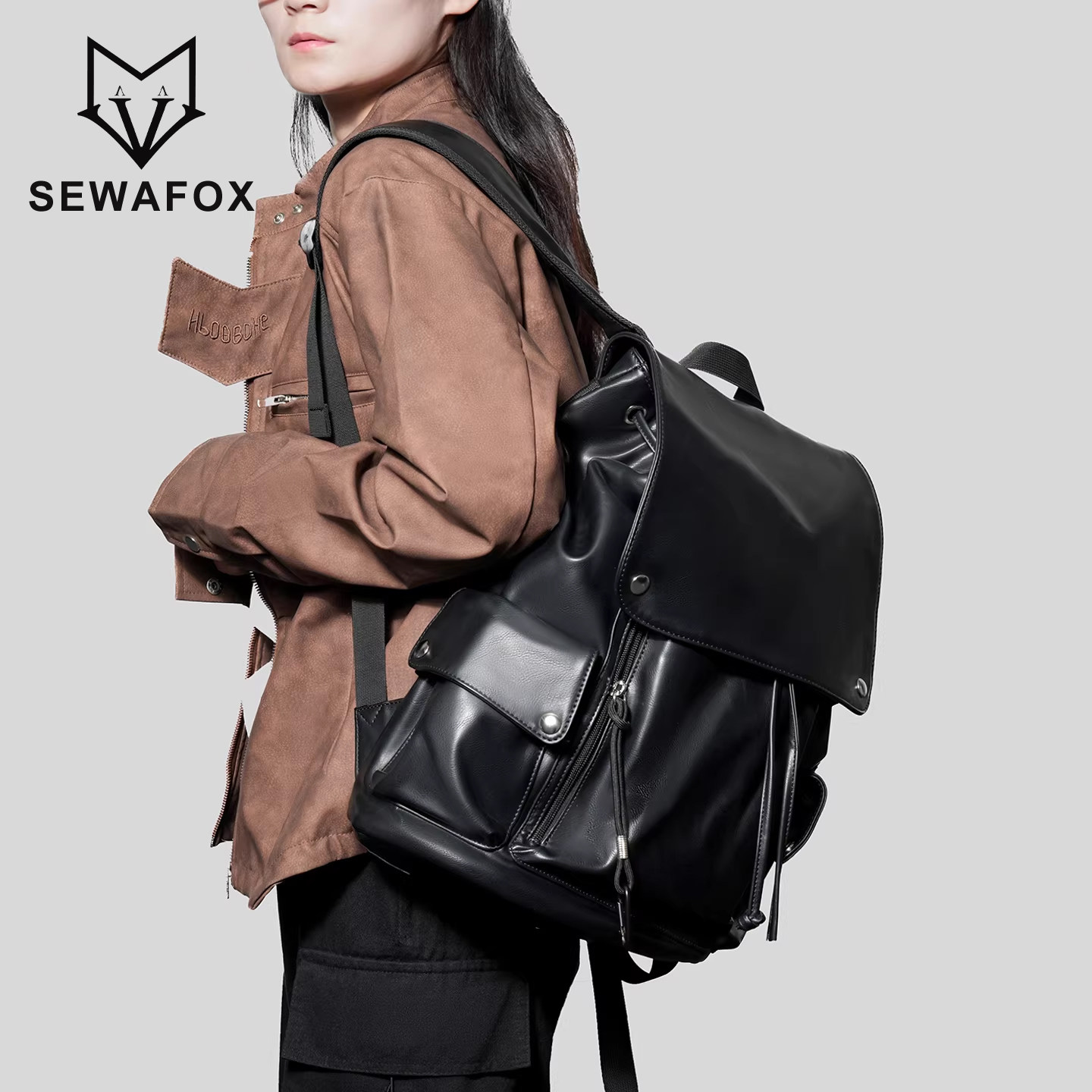 SEWAFOX/塞瓦狐书包双肩包男防水皮质商务出差16寸电脑背包通勤女