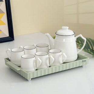 茶壶简约白色陶瓷客厅茶具套装 耐用高温可泡茶白瓷杯米黄色托盘