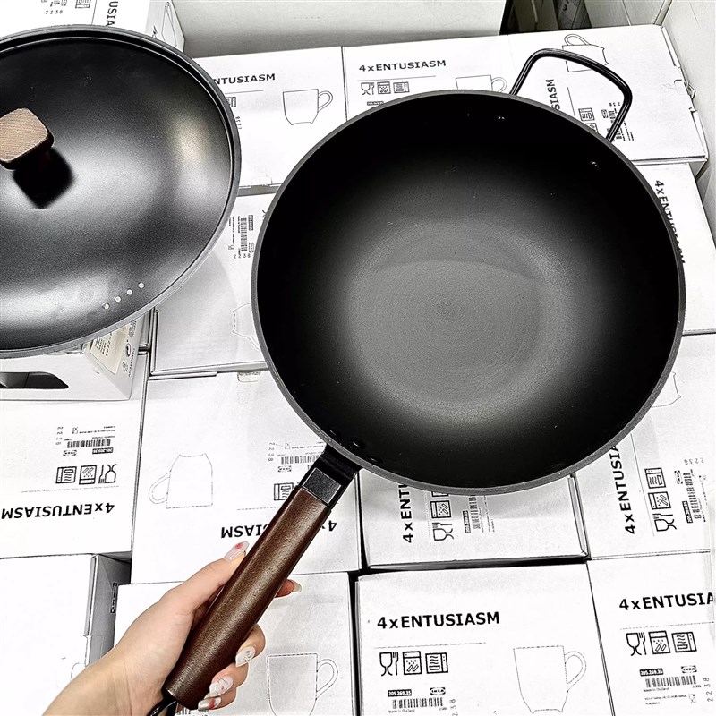 纯铁无涂层炒锅铁锅爆炒炒菜锅家用加厚窒化锅带蒸笼32cm大号平底