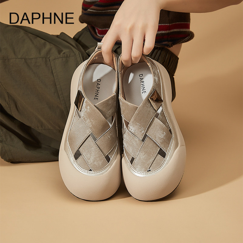 达芙妮复古透气坡跟凉鞋女2026新款夏季外穿编织休闲包头罗马凉鞋