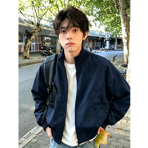 藏青短款美式复古立领飞行夹克男