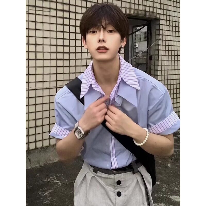 垫肩假两件条纹半袖翻领男款夏季图片