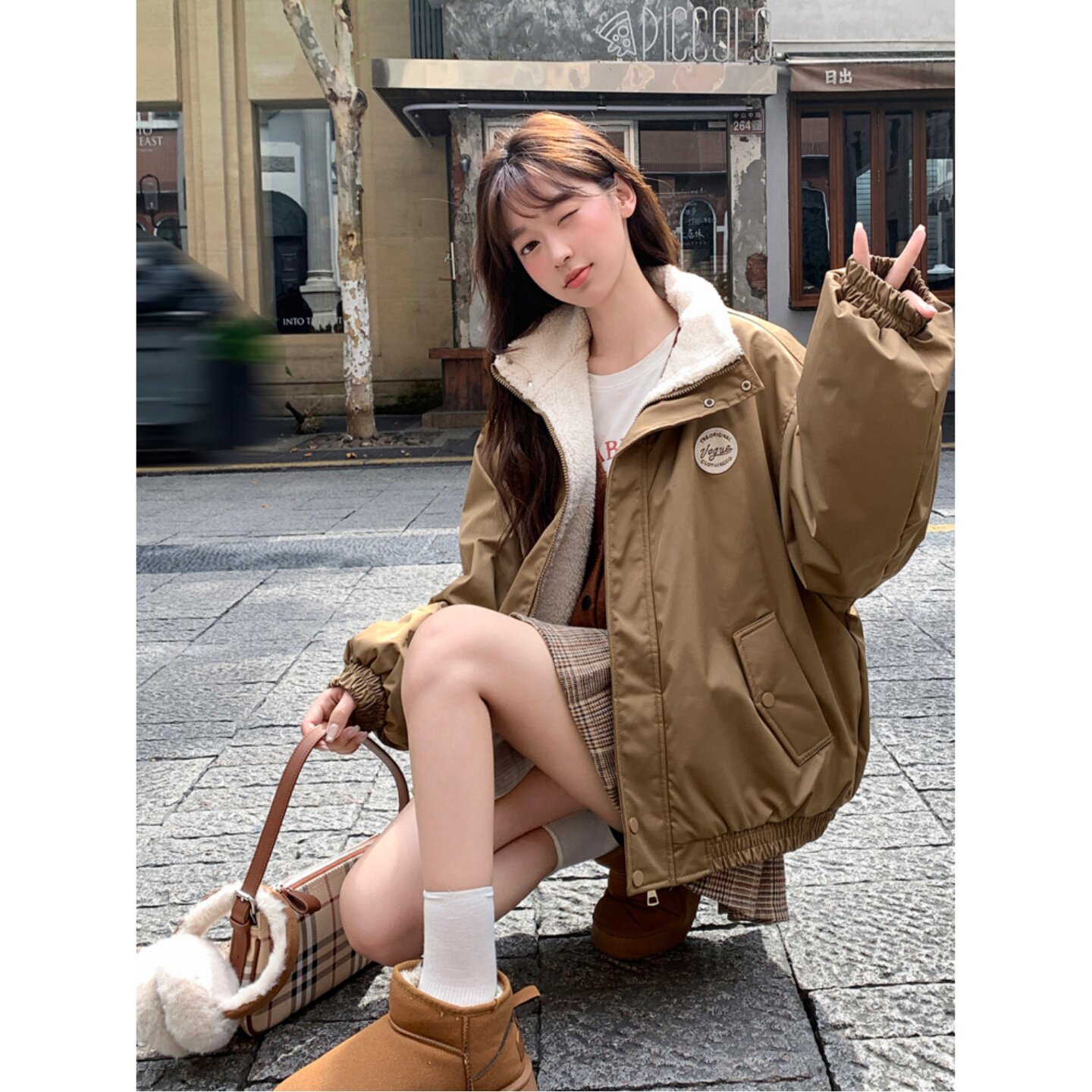 美式复古短款棉服女羊羔毛加绒