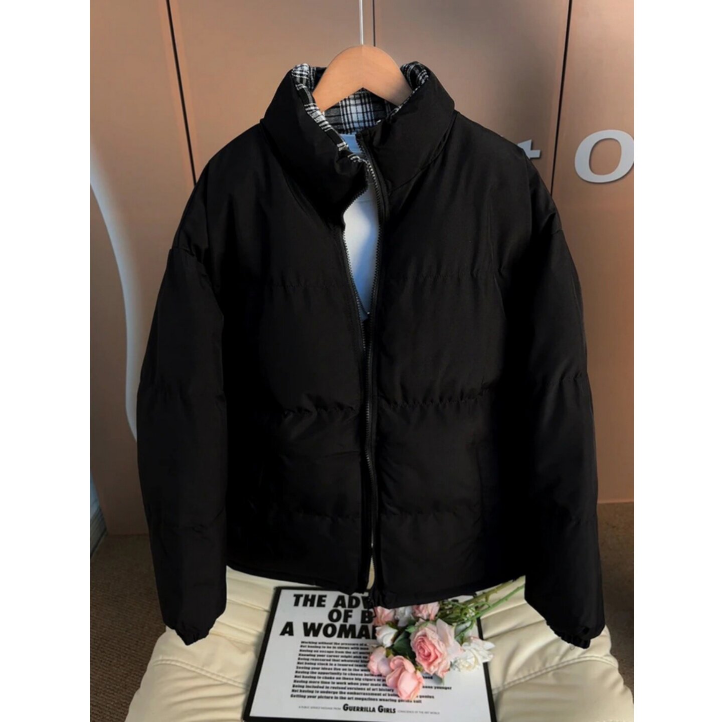 黑色美式格纹拼接夹克棉服男冬季加厚立领棉衣cleanfit高级感外套