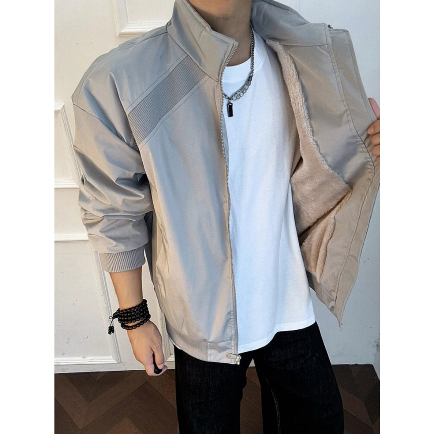 浅灰色解构飞行夹克棉服男款冬季加厚保暖立领棉衣高级感正肩外套