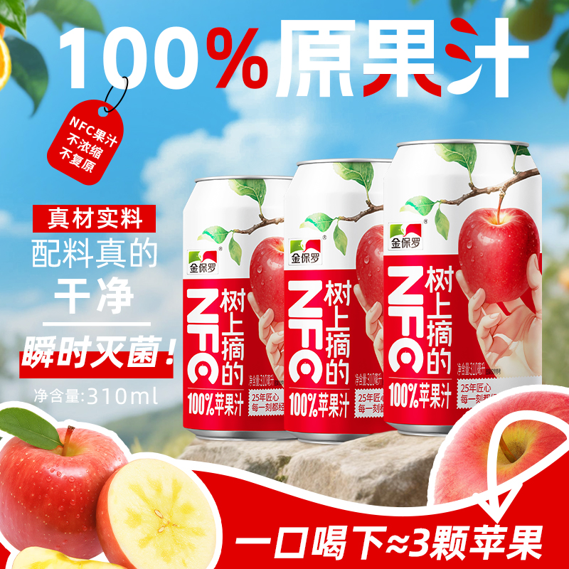 金保罗苹果汁100%果汁饮料鲜榨网红火锅烤肉易拉罐苹果味果汁