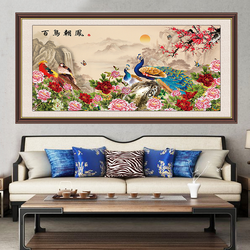 百鸟朝凤图贴画新中式家装客厅沙发背景墙装饰画孔雀富贵牡丹壁画图片