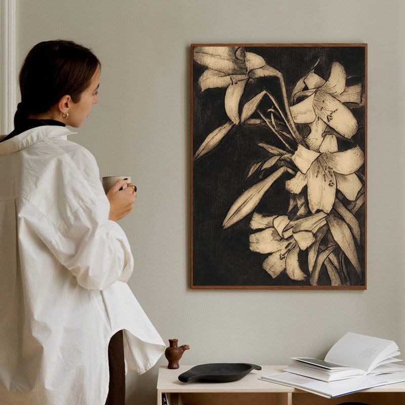 欧式复古小众中古素描花卉黑白装饰画客厅边柜沙发背景墙组合挂画图片