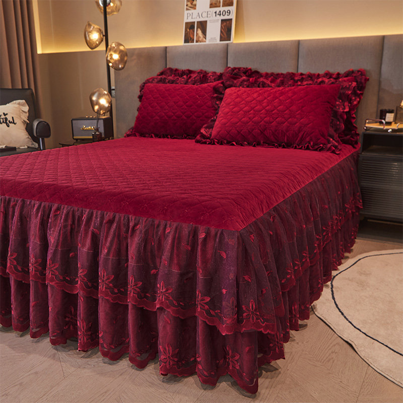 欧式宝宝绒床裙单件加绒床罩夹棉刺绣蕾丝保暖防滑床裙三件