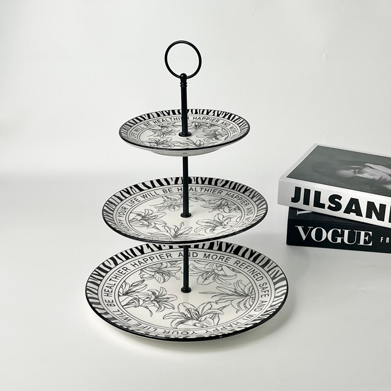 复古百合花陶瓷三层水果盘客厅茶几家用中古风点心盘高脚收纳托盘