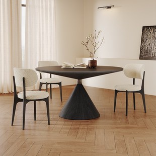 实木圆形餐桌纯黑带转盘小户型现代高端飞碟极简纯白岩板餐桌