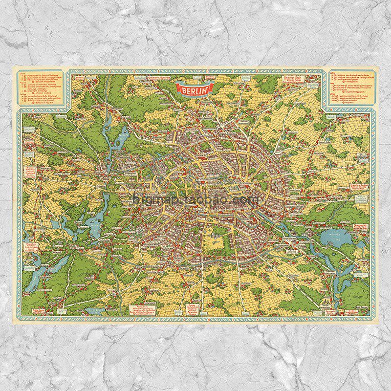 德国柏林插画地图 超大尺寸巨幅油画布复古怀旧装饰壁挂画芯心