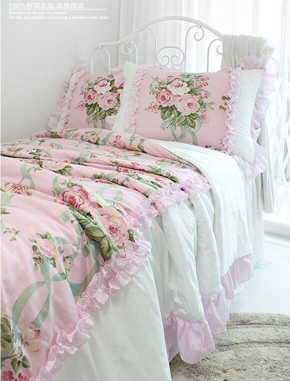 韩国粉色普罗旺斯华丽玫瑰花朵条纹荷叶边木耳四件床品