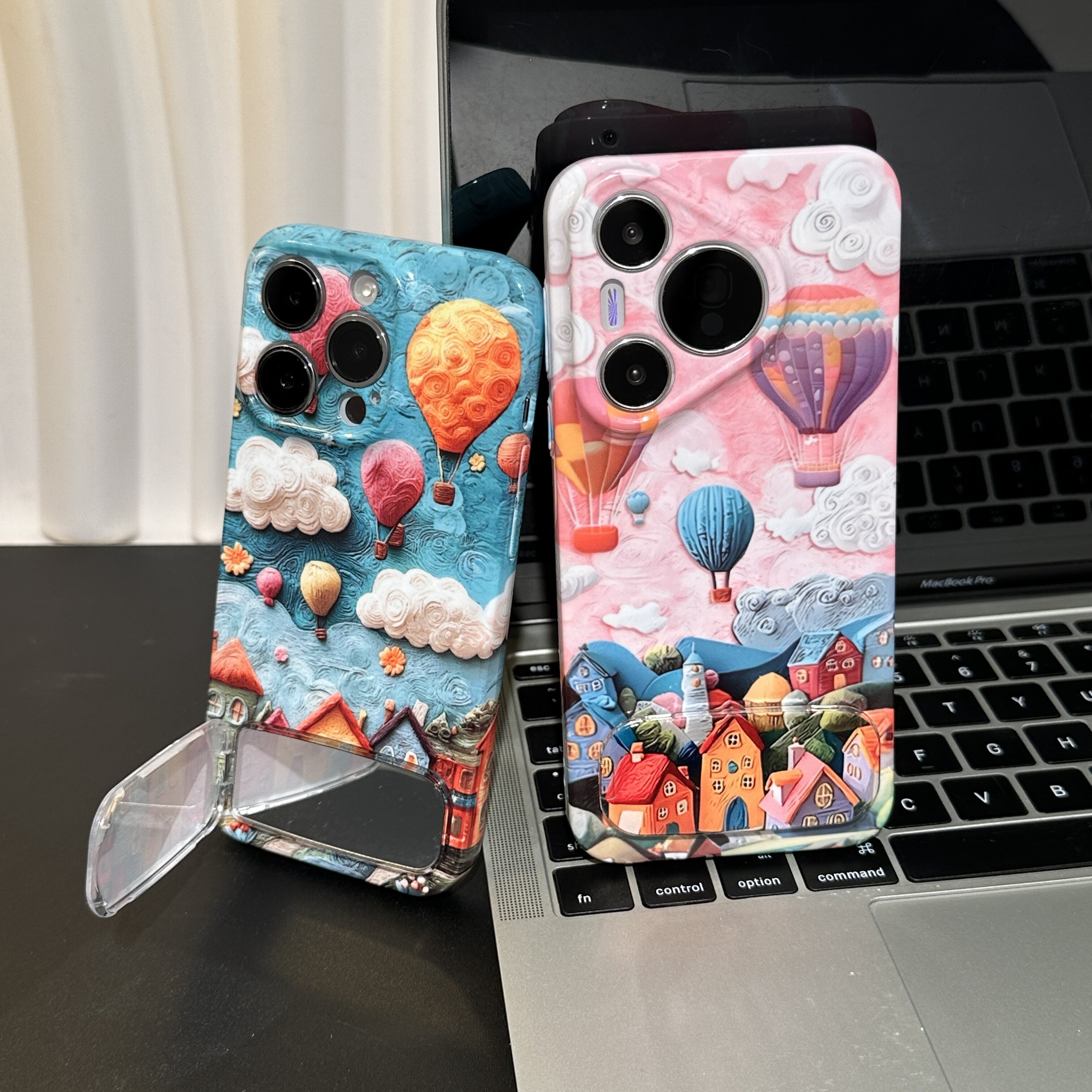 情侣油画气球小镇支架适用苹果16pro手机壳iPhone15max小米14华为mate70pura80k60note13nova12荣耀vivox100