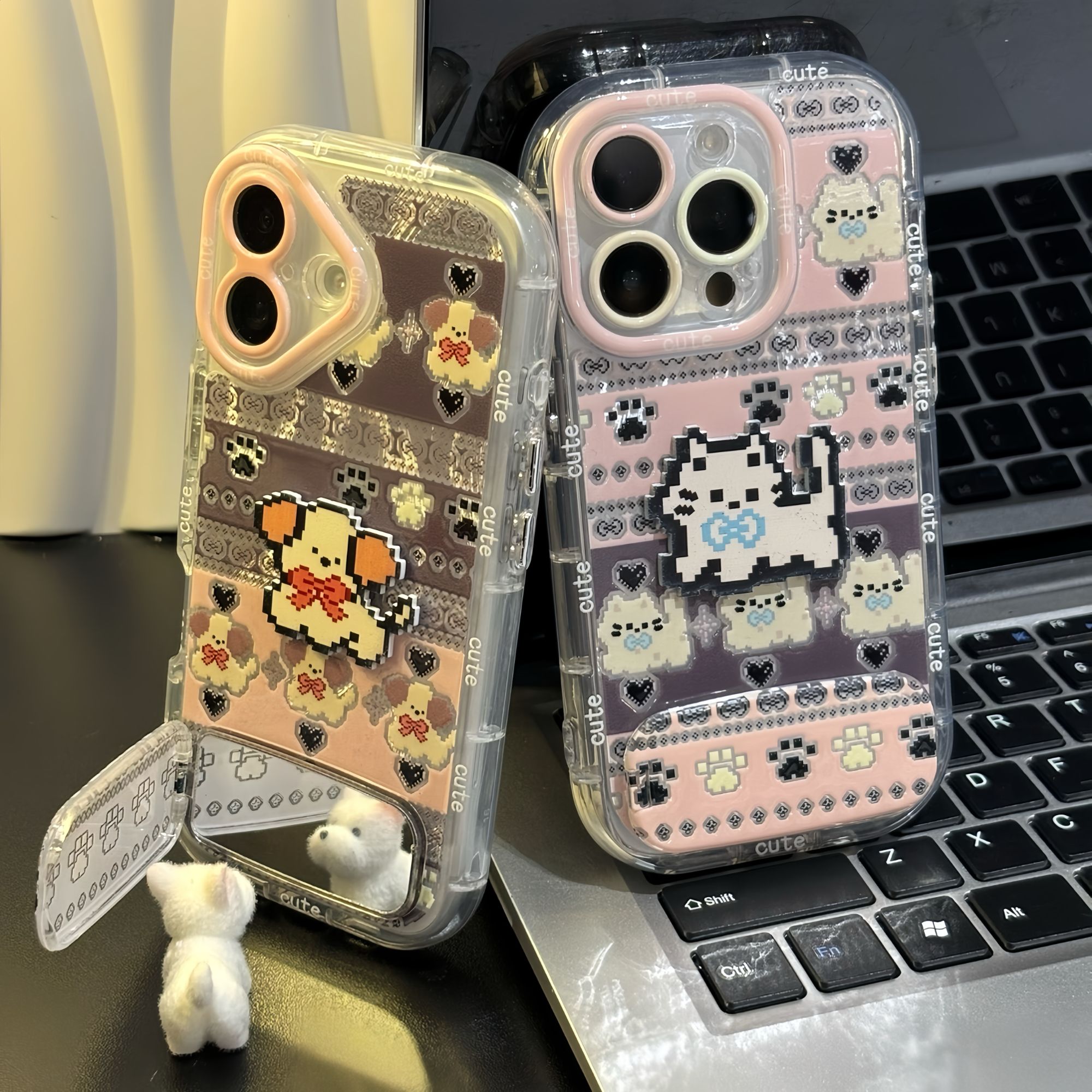 情侣像素小猫小狗支架新款适用苹果16pro手机壳iPhone15max小米14华为mate70pura80k60x200nova13note12s30