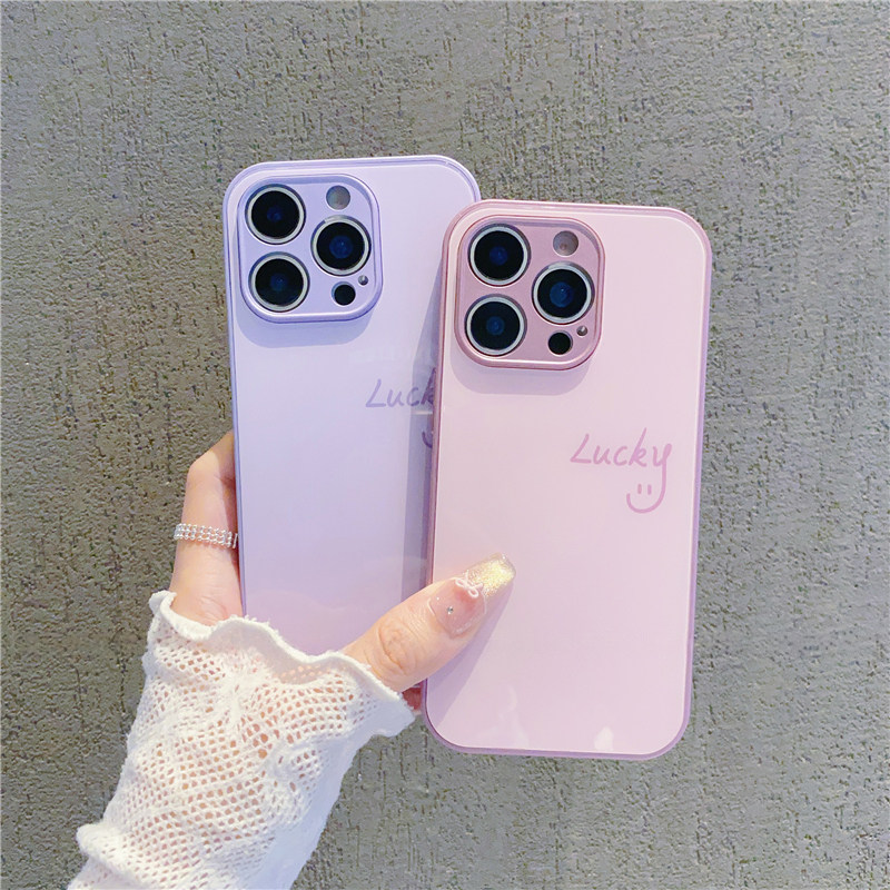 简约幸运笑脸玻璃壳新款适用苹果16Pro手机壳iPhone14max13小米15华为mate60P50荣耀vivox100k70nova11Reno12