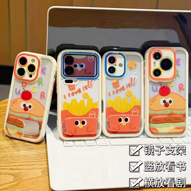 情侣卡通汉堡薯条支架适用苹果17Pro手机壳iPhone16max13小米17华为mate80pura90k90note14荣耀500x200一加15