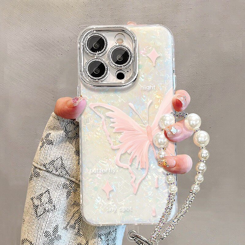 贝壳纹粉蝴蝶手链新款适用苹果17Pro手机壳iPhone16max13小米15华为mate80pura70K90reno14荣耀500x300magic8