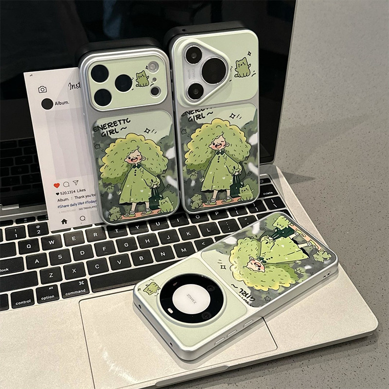 秒变17大视窗绿发女孩小羊皮适用苹果17promax手机壳iphone16pro小米17华为p60note15新款reno14nova13高级感