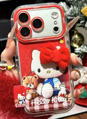 新年红色蝴蝶结KT小熊适用苹果17Promax手机壳iPhone16Pro小米15华为mate80pura70k90note14荣耀500vivox200