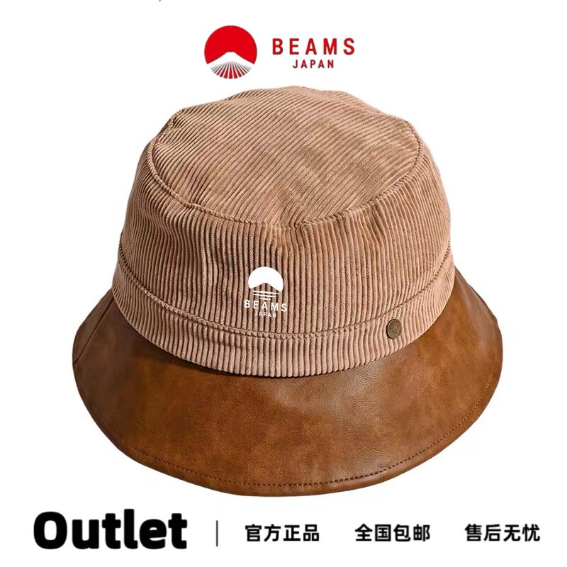 BEAMS复古皮革灯芯绒拼接渔夫帽图片