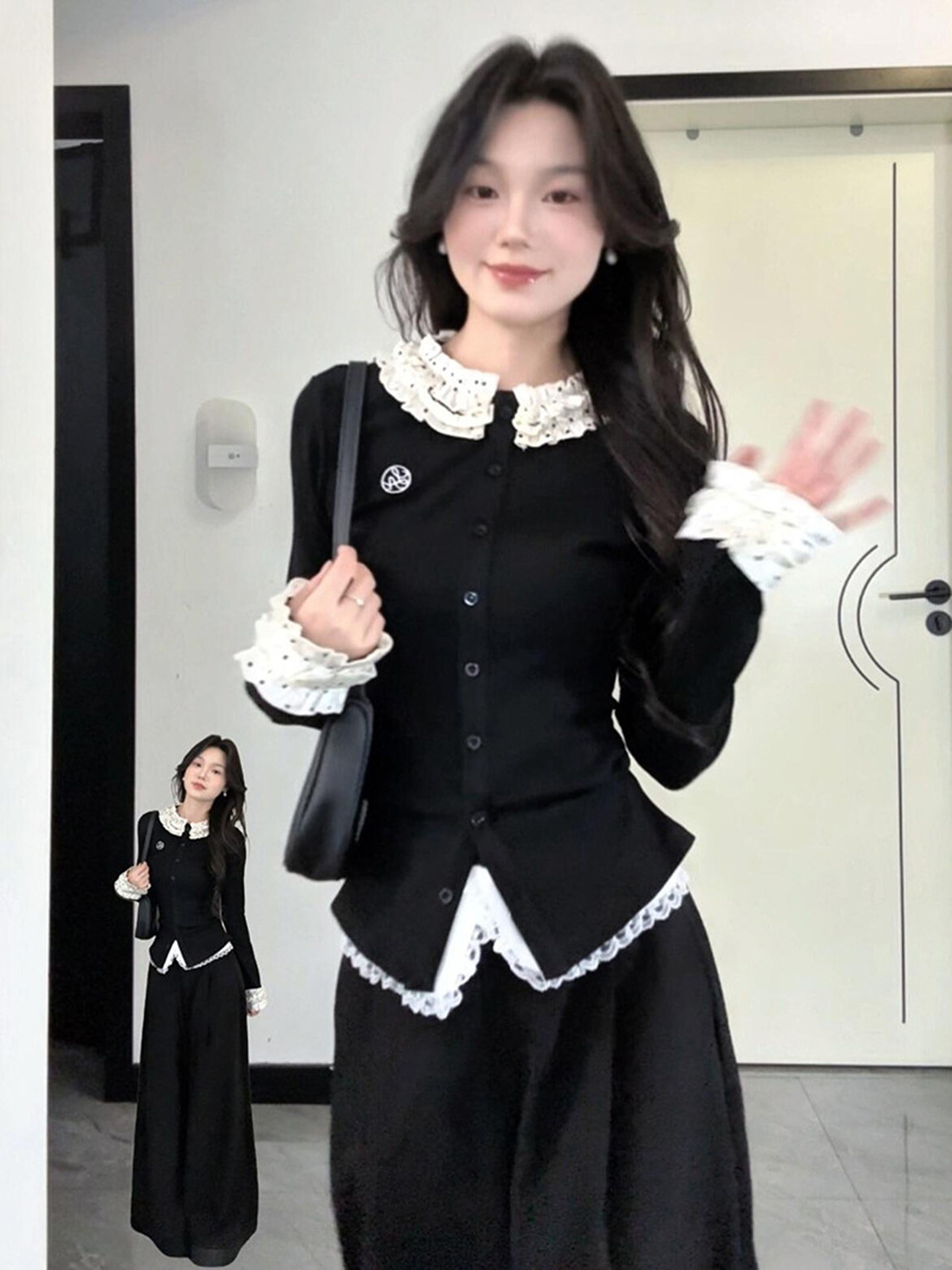 韩系学院风花边波点正肩长袖t恤女秋修身收腰设计感小众短款上衣