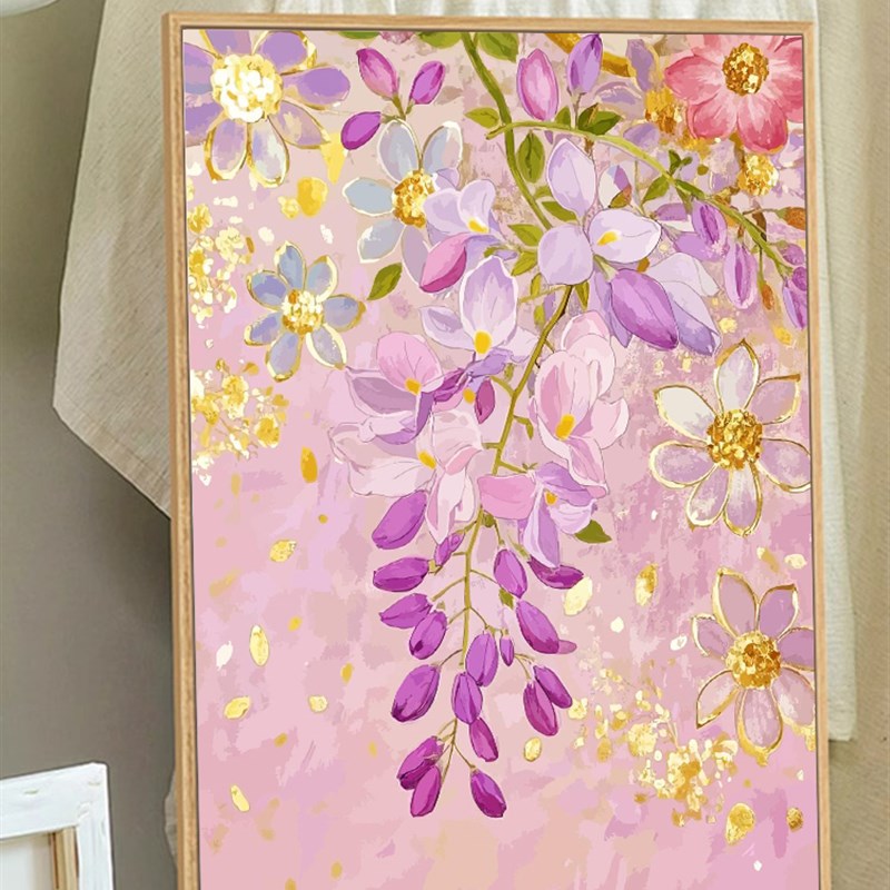 紫启东来花卉山水数码油画DIY补色手绘愈合丙烯油画挂画