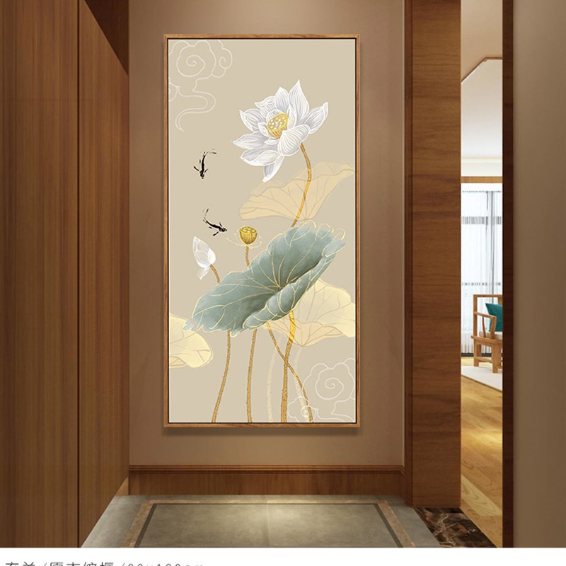 纯手绘油画荷花玄关禅意过道走廊新中式壁挂画客厅水墨竖版装饰画图片