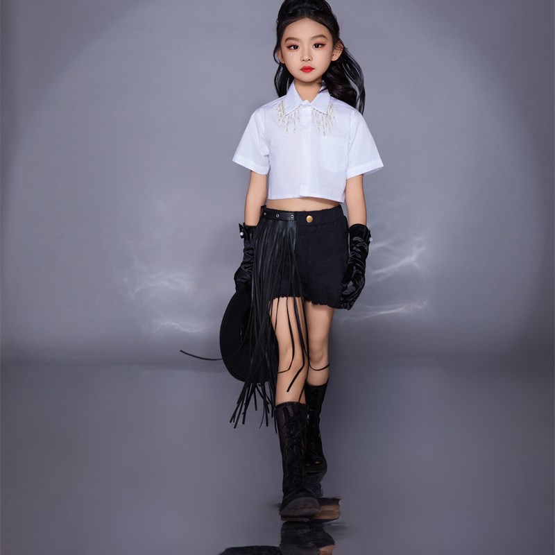 儿童模特走秀演出服黑白流苏西部牛仔秀服潮服车模女童模t台服装6