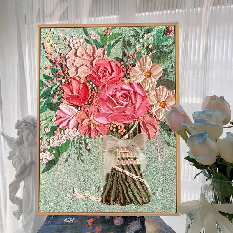 小雏菊樱花卉石英砂丙烯肌理画diy数字油画手绘高级感立体装饰画图片