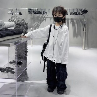 秋冬男女童潮酷hiphop街舞上衣纯白色破洞打底衫长袖t恤宽松童装