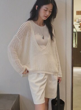 女装针织源头工厂镂空针织衫女夏天薄款25新款大U领罩衫白色上衣