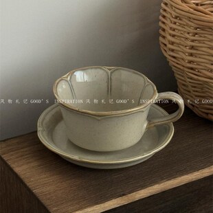 复古窑变灰蓝色陶瓷咖啡杯碟 中式大口径拿铁下午茶拉花日式小众