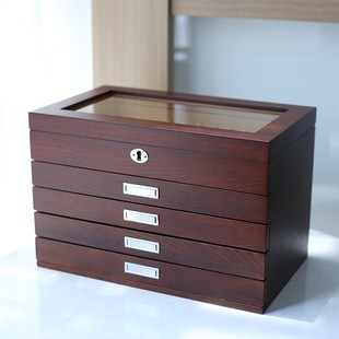 木质高档钢笔盒收纳展示柜大容量名笔收藏箱绒布内衬60支装陈列盒