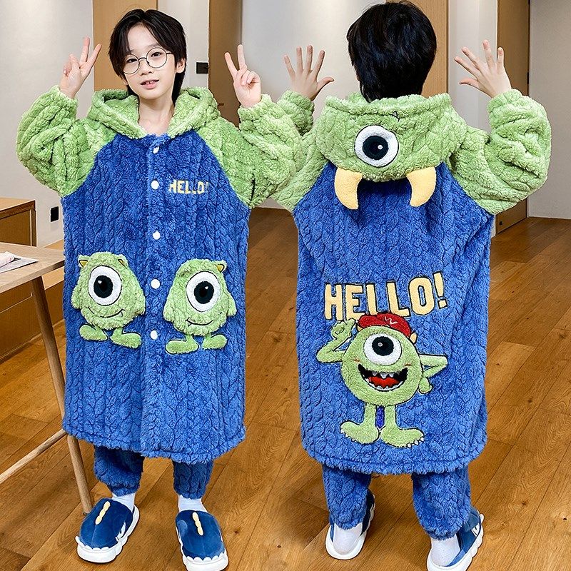 2024新款儿童睡衣男孩秋冬季加绒加厚珊瑚绒男童睡袍冬款男孩套装