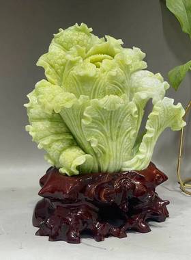 玉石白菜摆件坐地生财天然玉石原石手工雕刻玉家居装饰博古架摆设