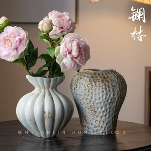 侘寂风禅意粗陶花瓶新中式复古手工插花陶器民宿酒店怀旧梓心镧林