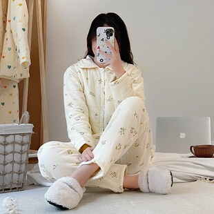 女士棉花加厚睡衣妈妈宽松夹棉保暖上衣睡裤大码家居服两件套装