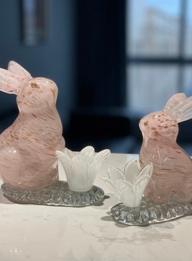 洒金少女粉色月宫玉兔子纯手工琉璃摆件拍照摄影道具镇纸节日礼物