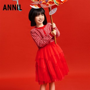 新年服安奈儿女童长袖毛衣针织连衣裙2025春季新款拼接网纱裙红色