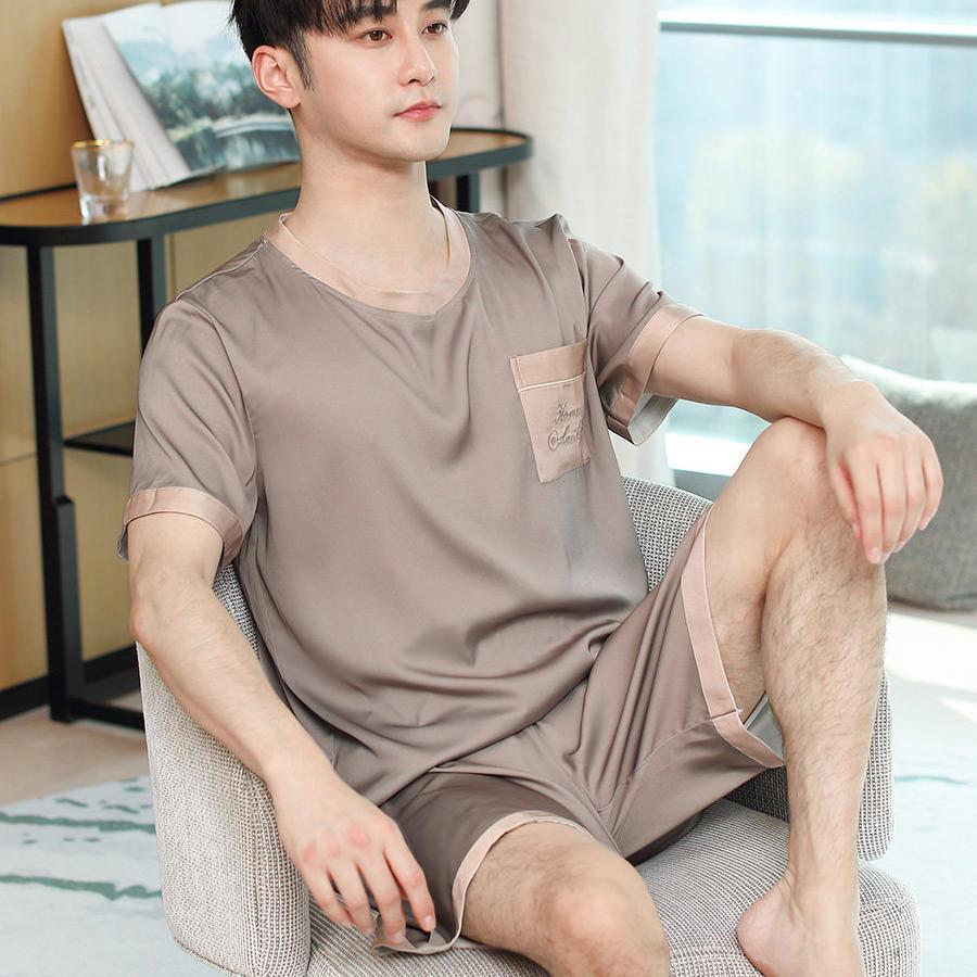 睡衣男夏季冰丝薄款短袖短裤套装夏可外穿男款套头丝绸大码家居服