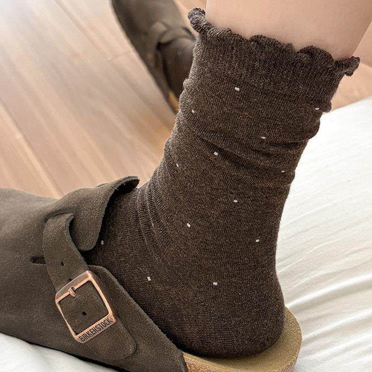 配勃肯鞋穿中筒袜波点花边堆堆袜子女ins潮韩系春秋简约外穿袜