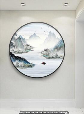 新中式玄关装饰圆形山办水WPC画客厅沙发背壁景墙面画公室画茶室
