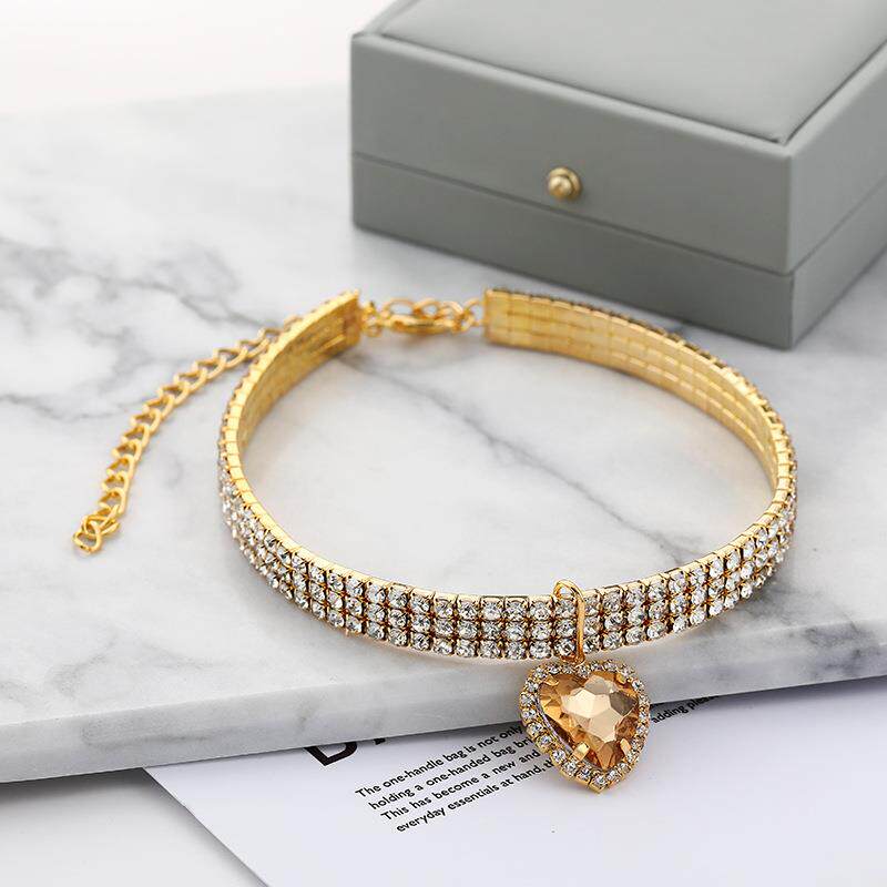 三排镶钻莱茵石宠物项圈 爱心彩色吊坠 弹力猫狗项链饰品跨境直供