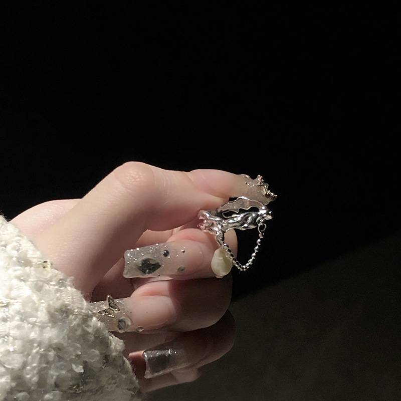 简约珍珠链条戒指女ins小众设计感时尚个性冷淡风开口食指戒图片
