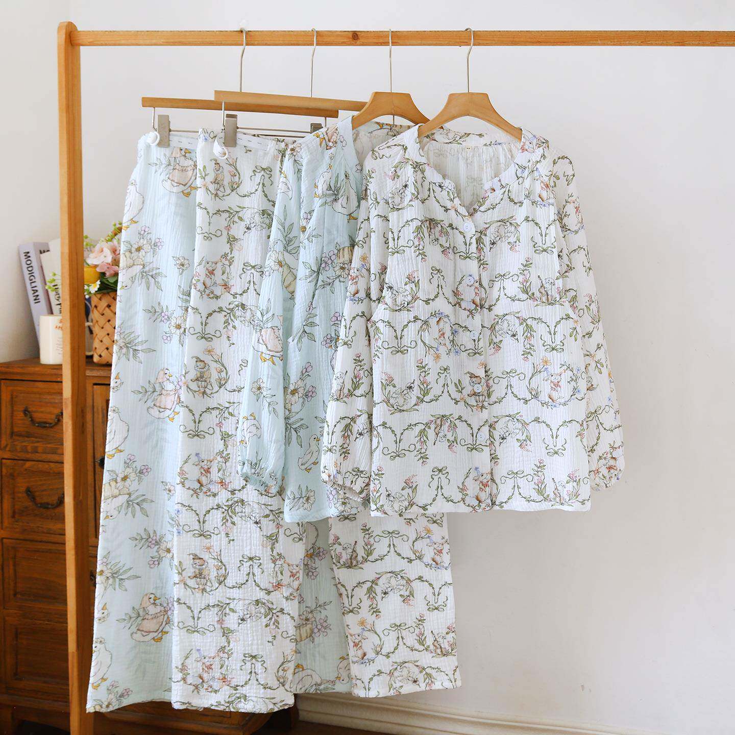 纯棉胸垫有哺乳口月子服棉质双层纱布长袖长裤睡衣产后家居服大码