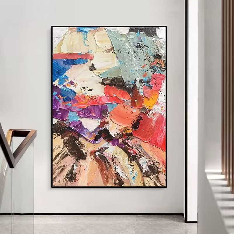 纯手绘油画彩色客厅玄关装饰画现代抽象艺术立体肌理画样板房图片